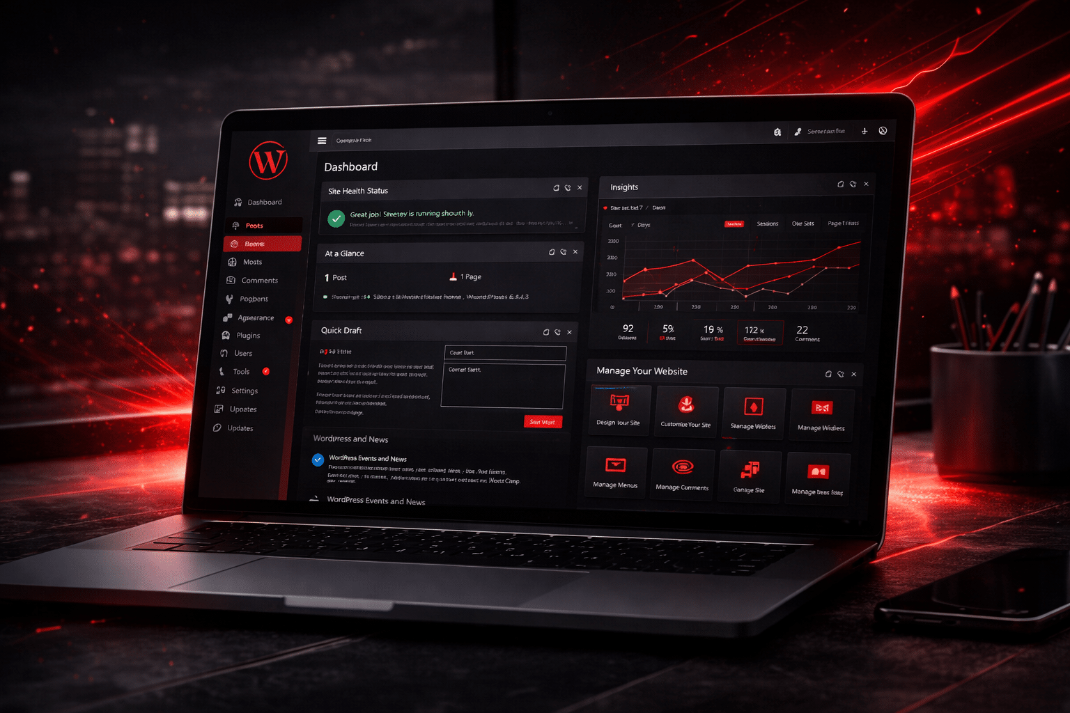 Dashboard WordPress stylisé en mode sombre Site vitrine ottawa