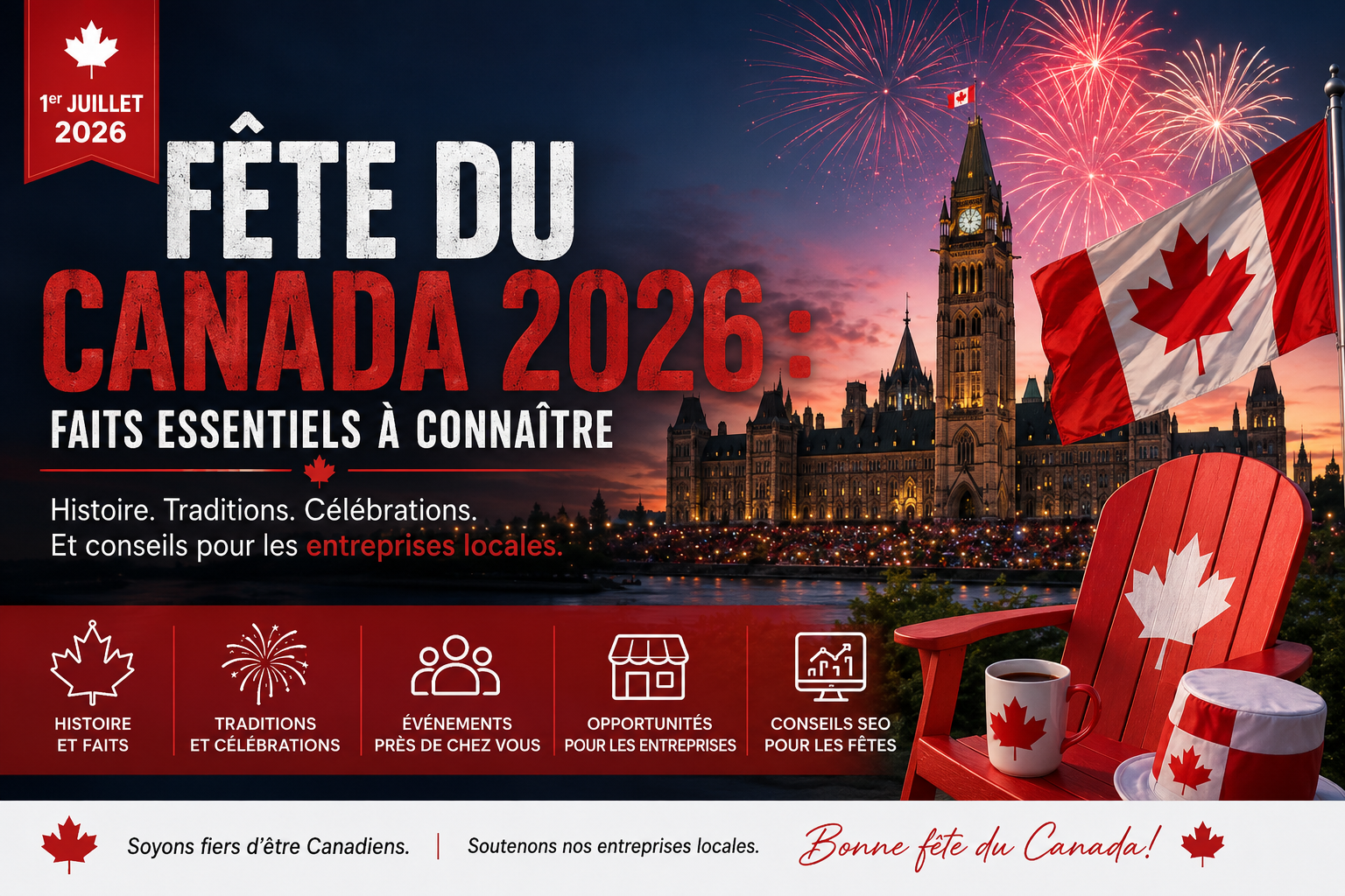 Célébration de la Fête du Canada 2026 mettant en avant la Colline du Parlement à Ottawa, les feux d'artifice, le drapeau canadien et les symboles nationaux, afin de mettre en valeur l'histoire, les traditions, les festivités et les opportunités commerciales locales liées à la fête nationale du Canada.