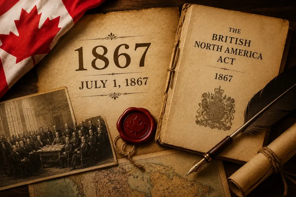 Illustration d'époque représentant la Confédération canadienne du 1er juillet 1867, mettant en scène l'Acte de l'Amérique du Nord britannique, des documents historiques, un sceau de cire, un stylo-plume et les premiers symboles canadiens.