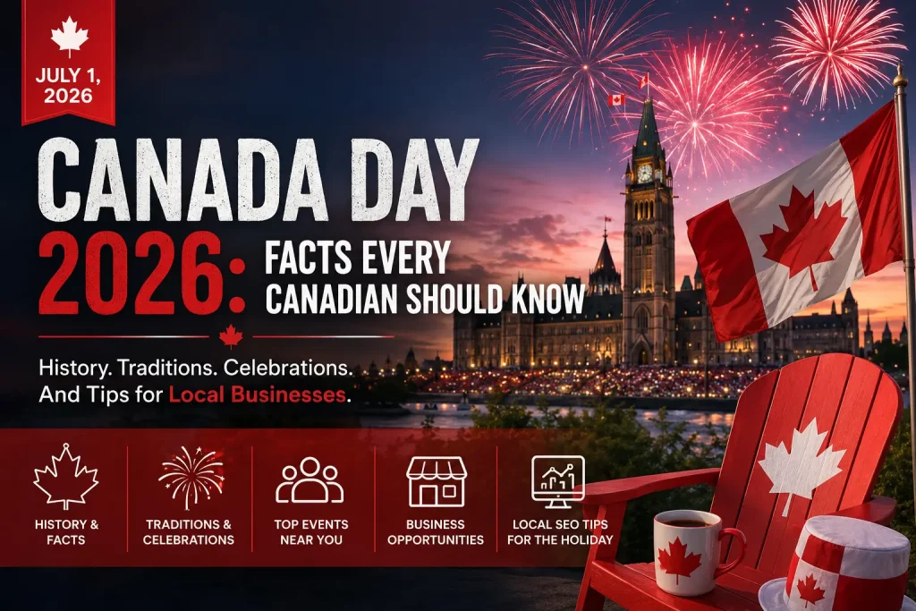 Canada Day 2026 celebration featuring Parliament Hill in Ottawa, fireworks, the Canadian flag, and national symbols highlighting the history, traditions, celebrations, and local business opportunities of Canada's national holiday.