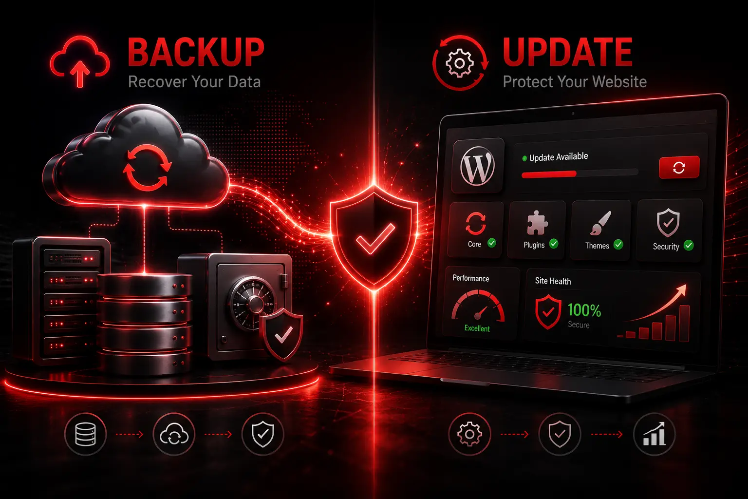 Comparison of website backups and software updates for WordPress maintenance, security, and performance.