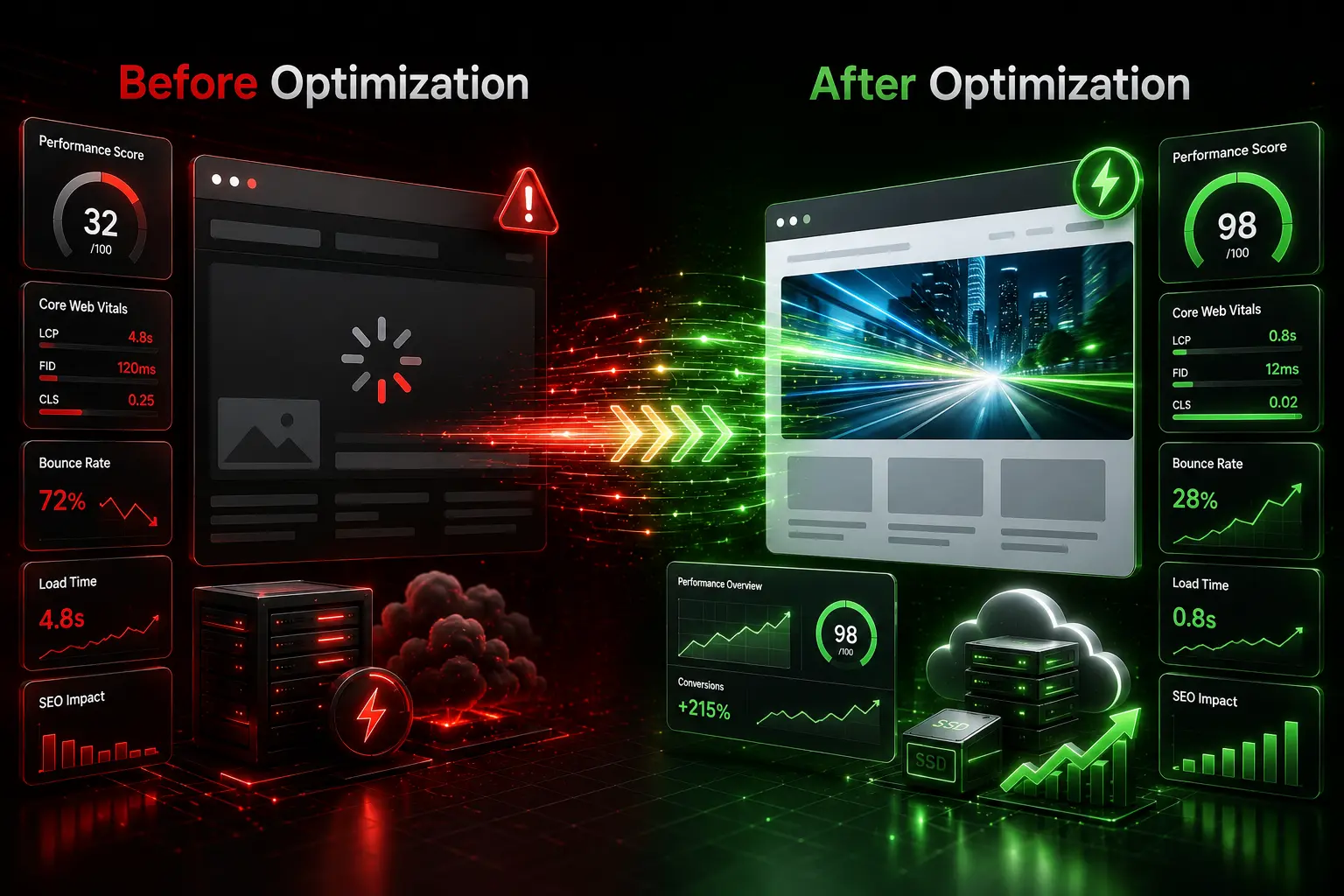 Avant et après l'optimisation de la vitesse du site web Comparaison « avant/après » de l'optimisation de la vitesse du site web, mettant en évidence une amélioration des performances, un chargement plus rapide et une meilleure expérience utilisateur.