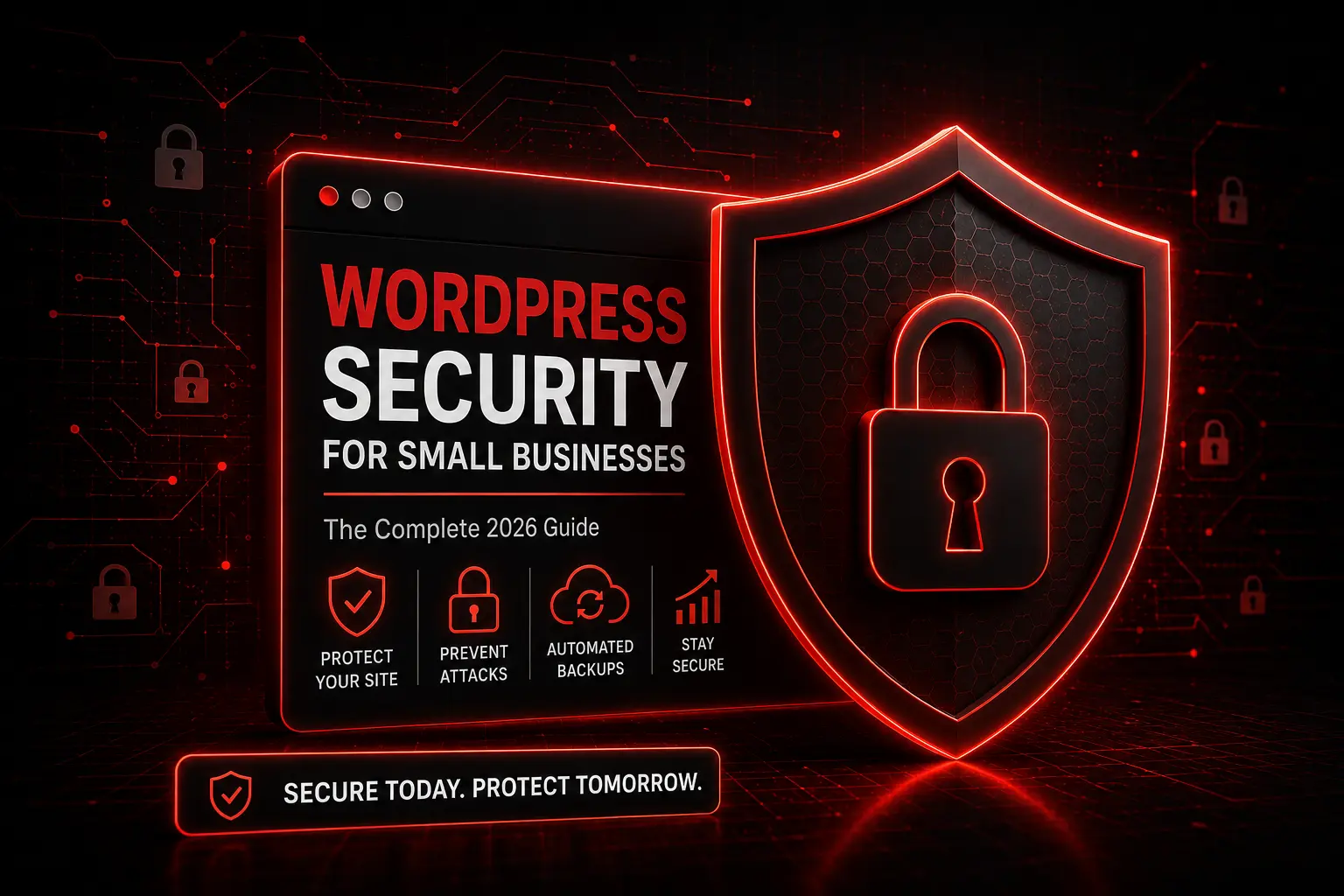 WordPress Security for Small Businesses – Complete 2026 Guide WordPress security for small businesses featuring a website shield, padlock, and cybersecurity protection.