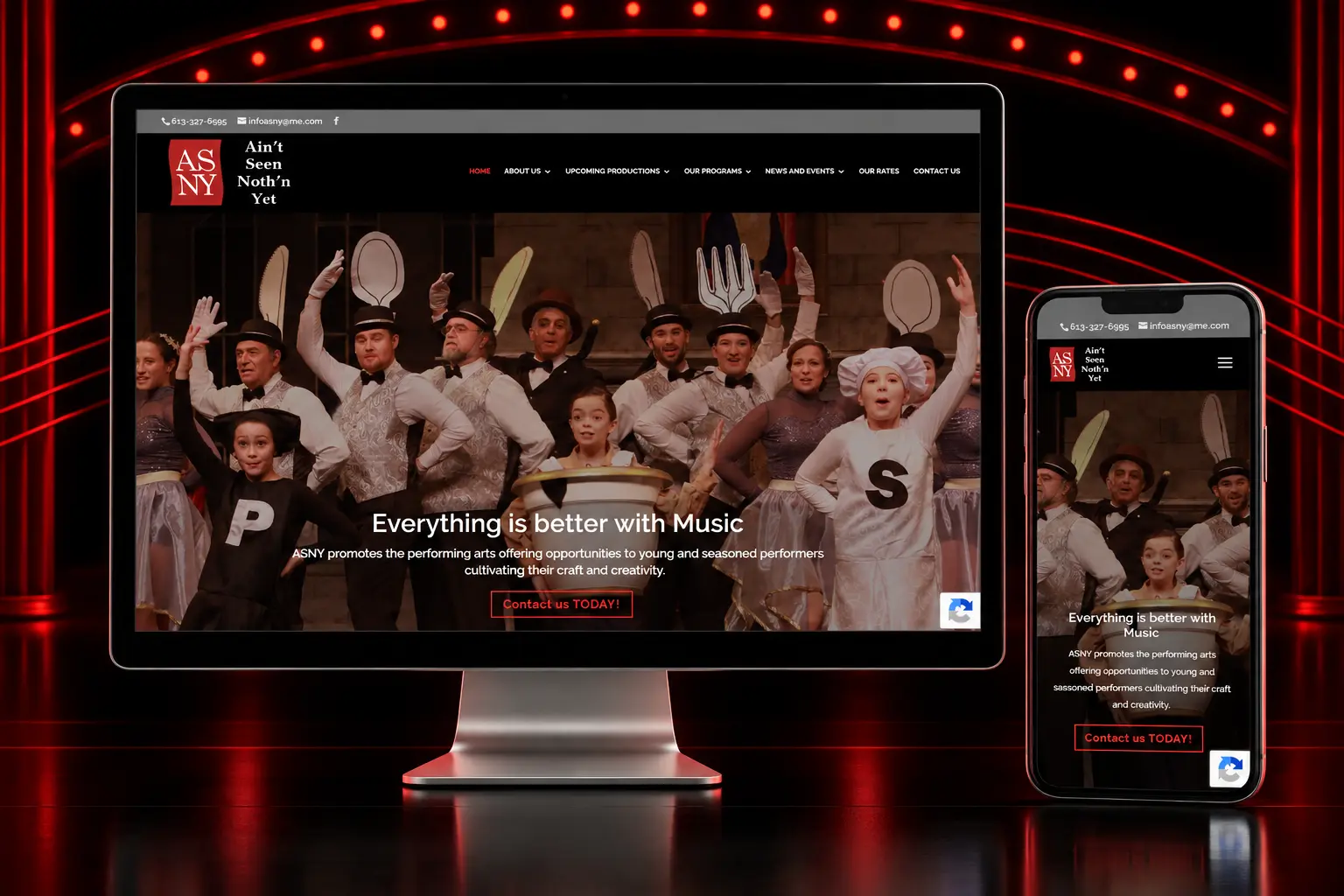 ASNY performing arts website featuring theatre productions and programs displayed on desktop and mobile devices