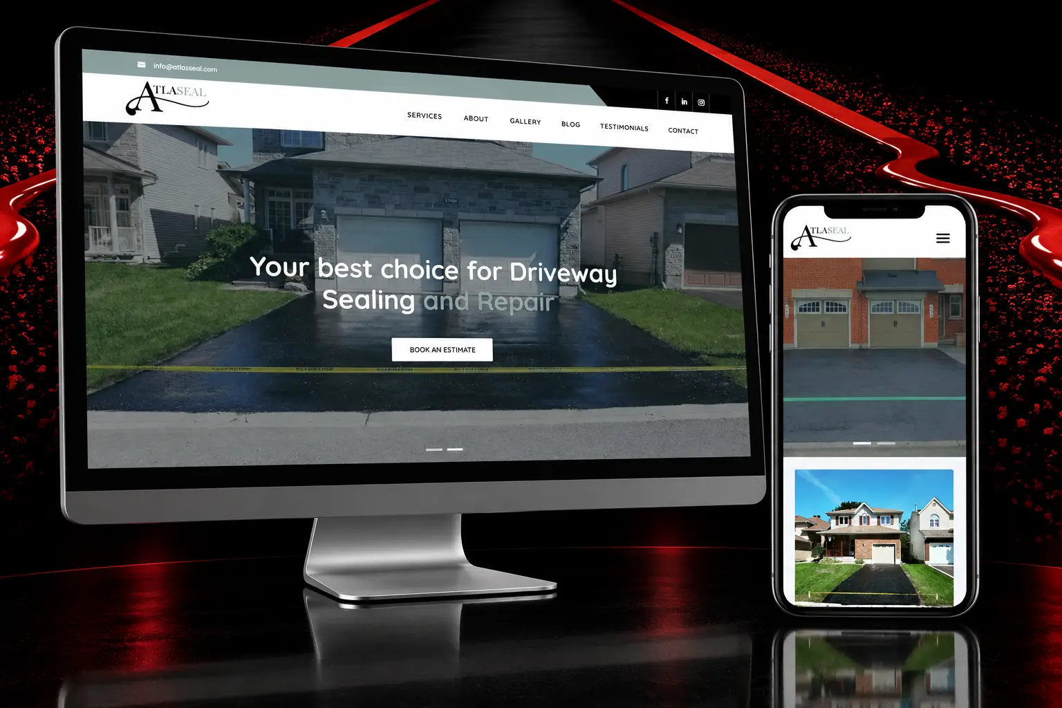 Atlas Seal responsive website featuring driveway sealing and repair services displayed on desktop and mobile devices