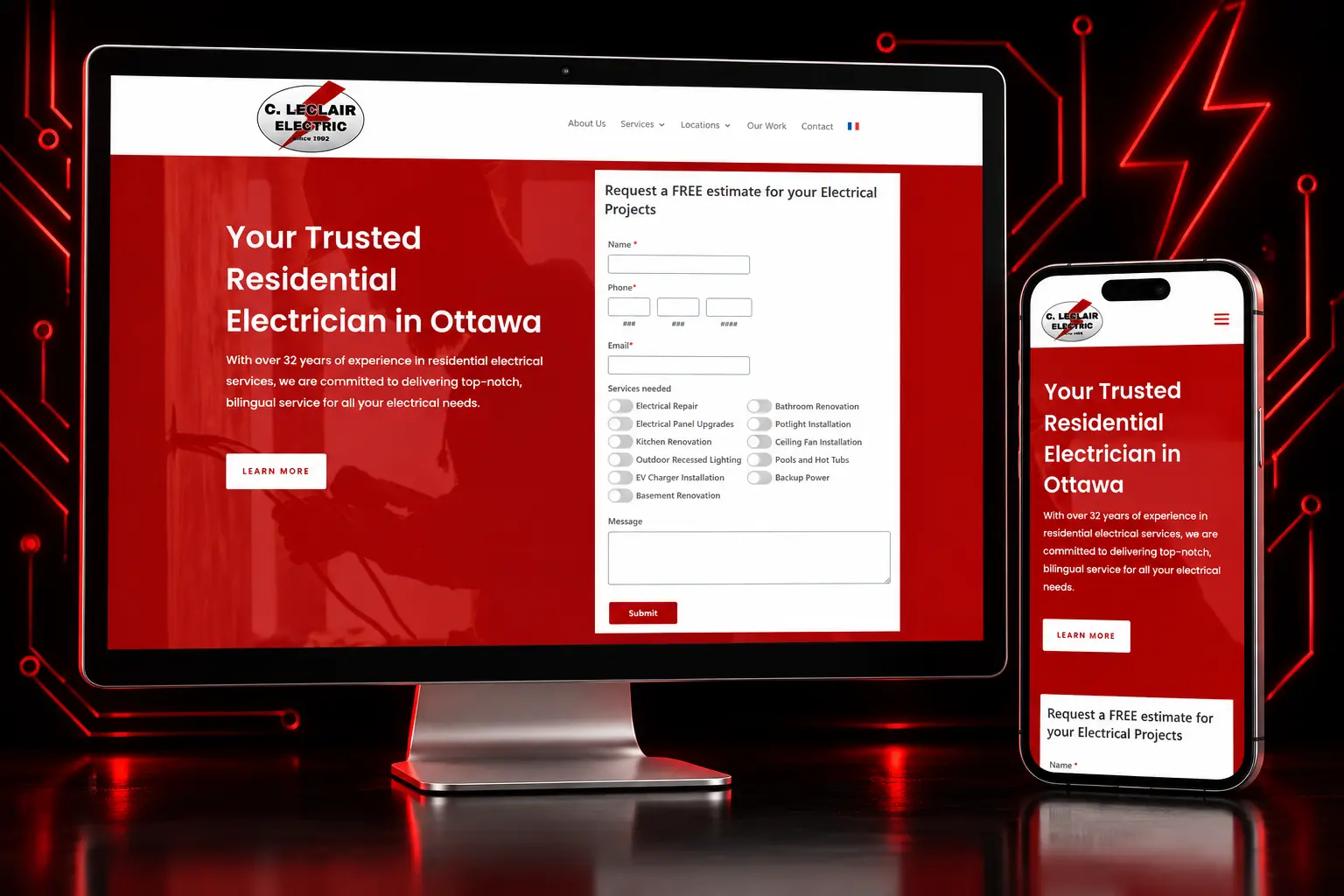 C. Leclair Electric responsive website featuring residential electrical services in Ottawa displayed on desktop and mobile devices