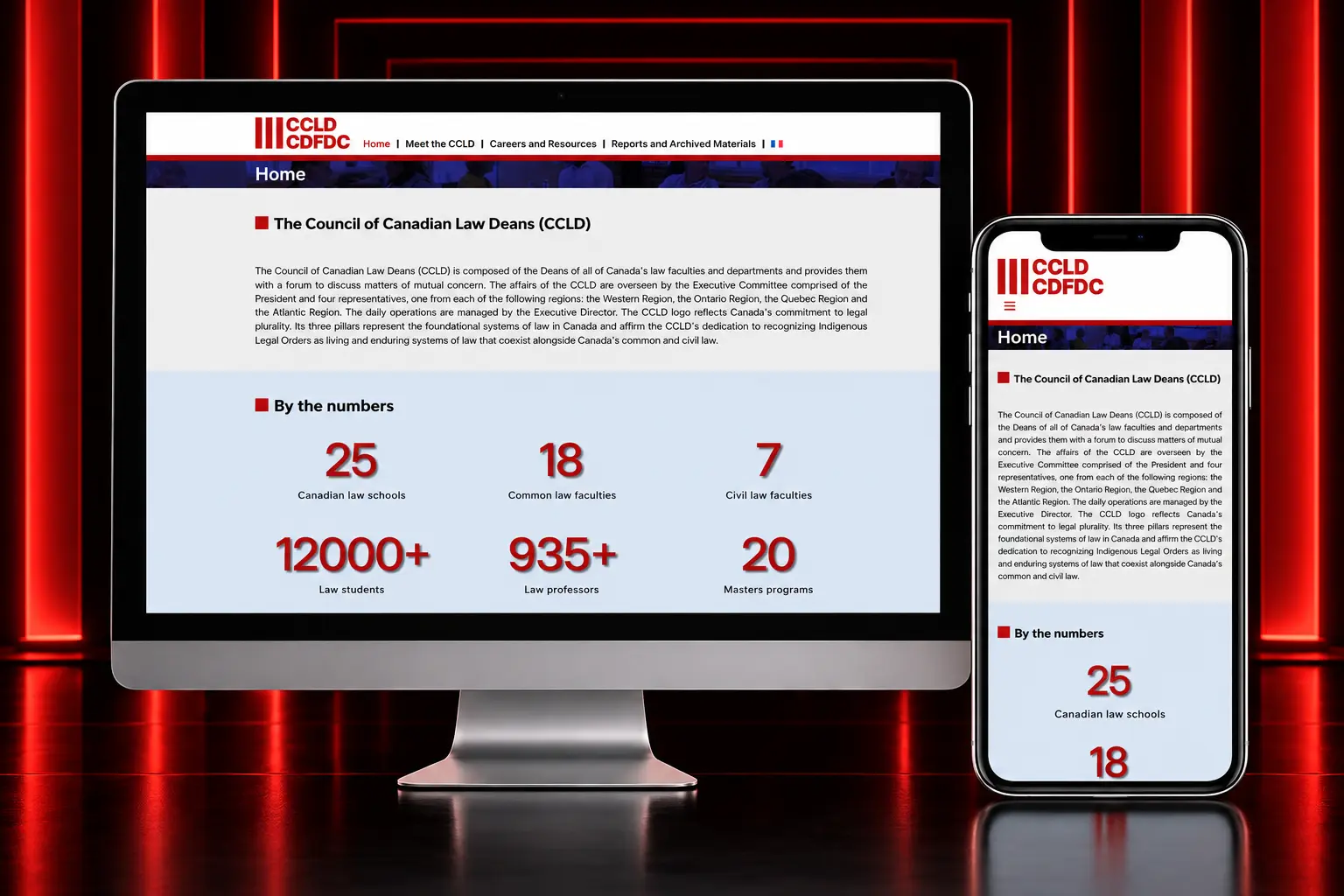 CCLD Responsive Website Design CCLD responsive website for the Council of Canadian Law Deans displayed on desktop and mobile devices