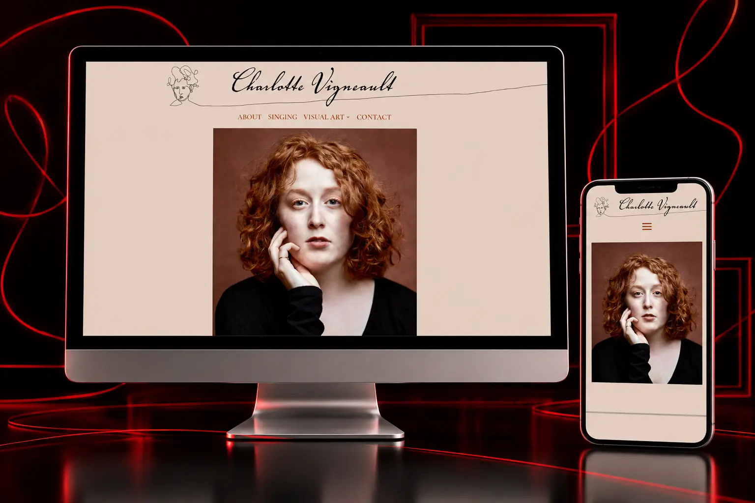 Charlotte Vigneault responsive artist portfolio website featuring her singing and visual art displayed on desktop and mobile devices