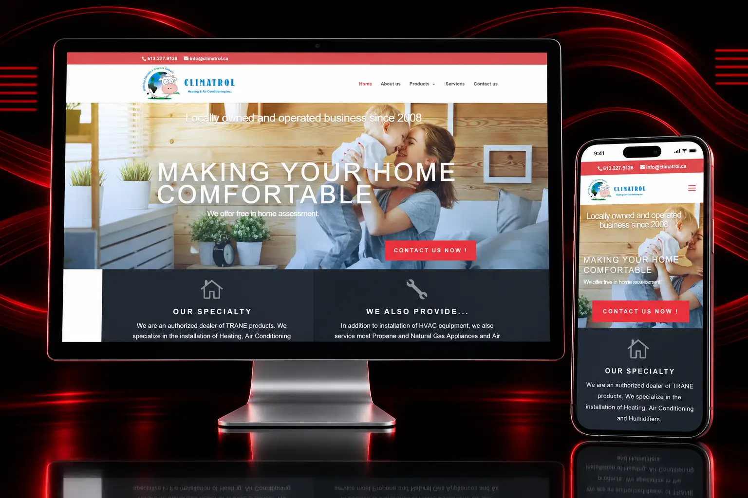 Climatrol HVAC Responsive Website Design Climatrol responsive HVAC website featuring heating, air conditioning and home comfort services displayed on desktop and mobile devices