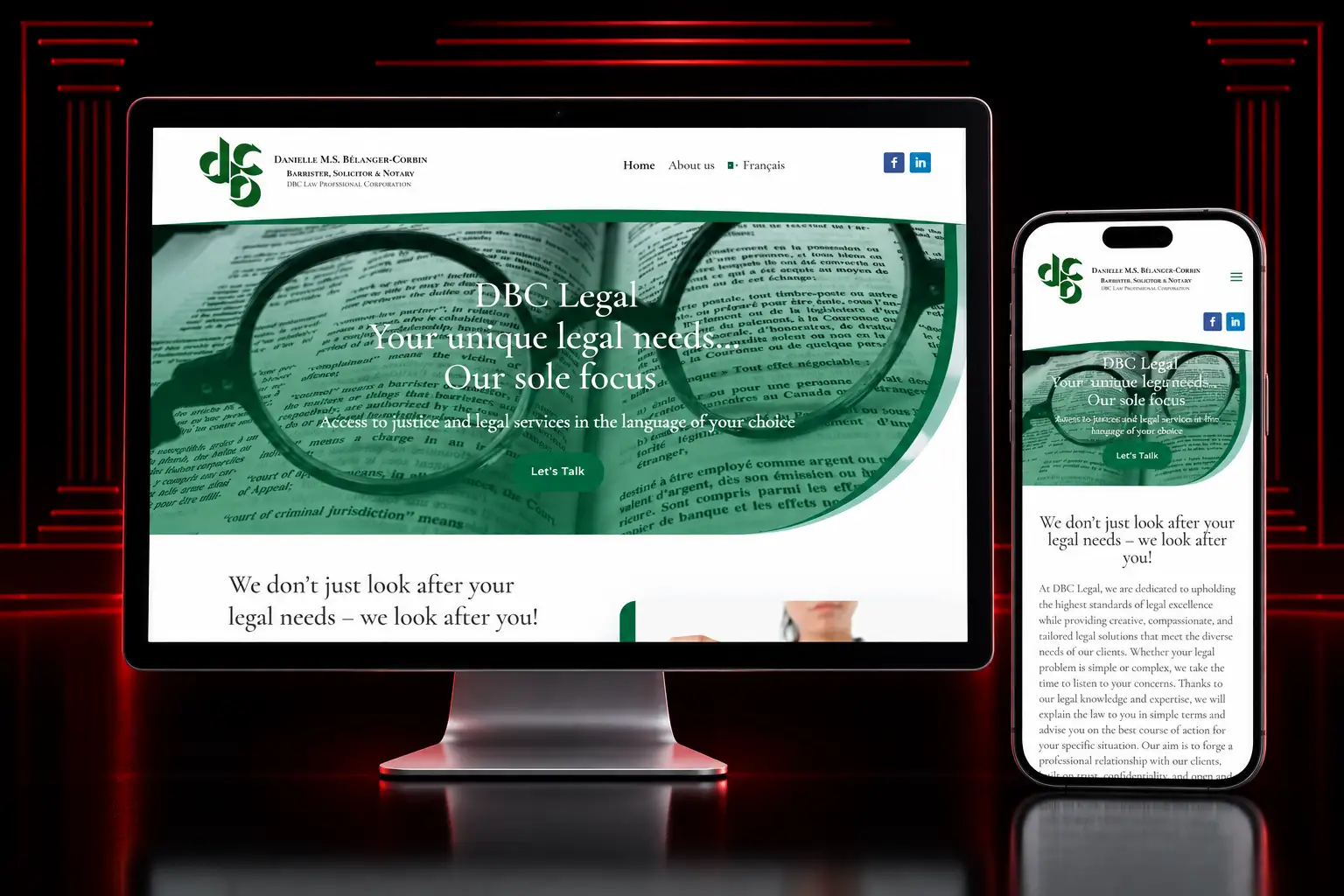 DBC Legal responsive bilingual law firm website featuring legal services displayed on desktop and mobile devices