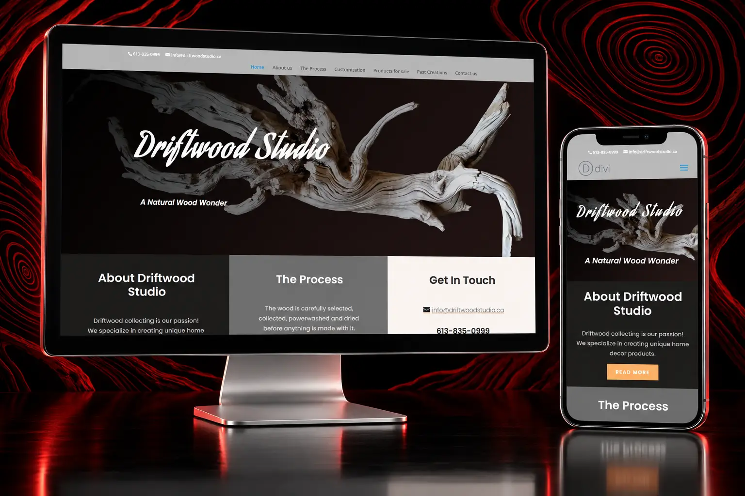 Driftwood Studio responsive website featuring handcrafted natural wood home décor displayed on desktop and mobile devices