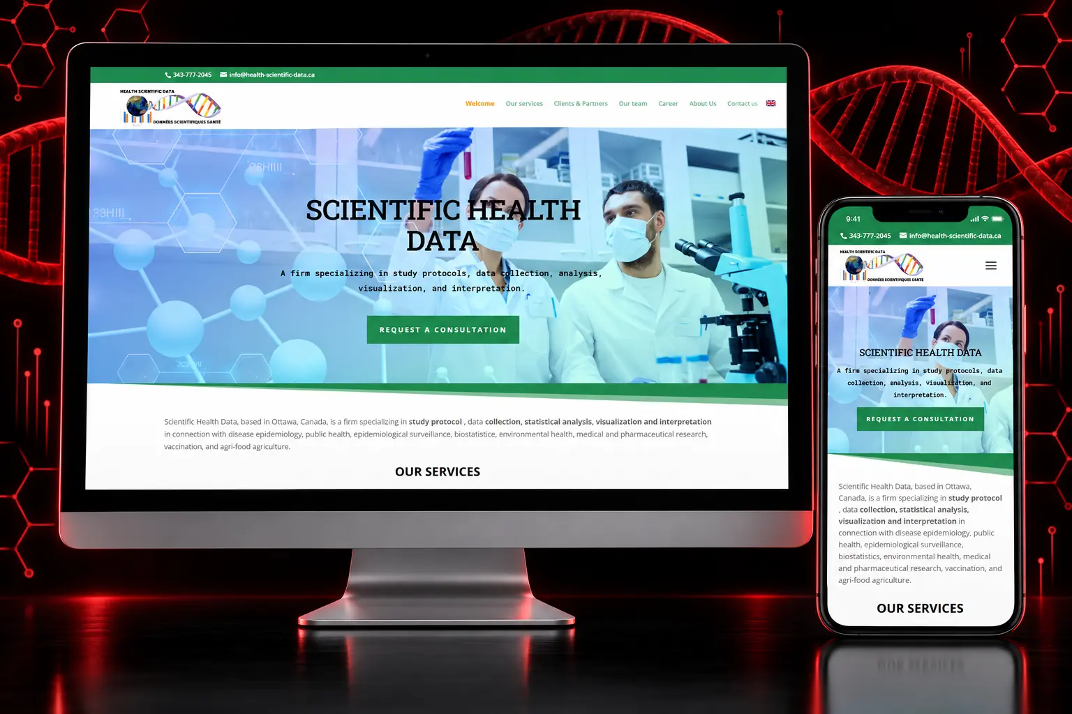 Health Scientific Data responsive website featuring research, data collection and statistical analysis services in Ottawa displayed on desktop and mobile devices