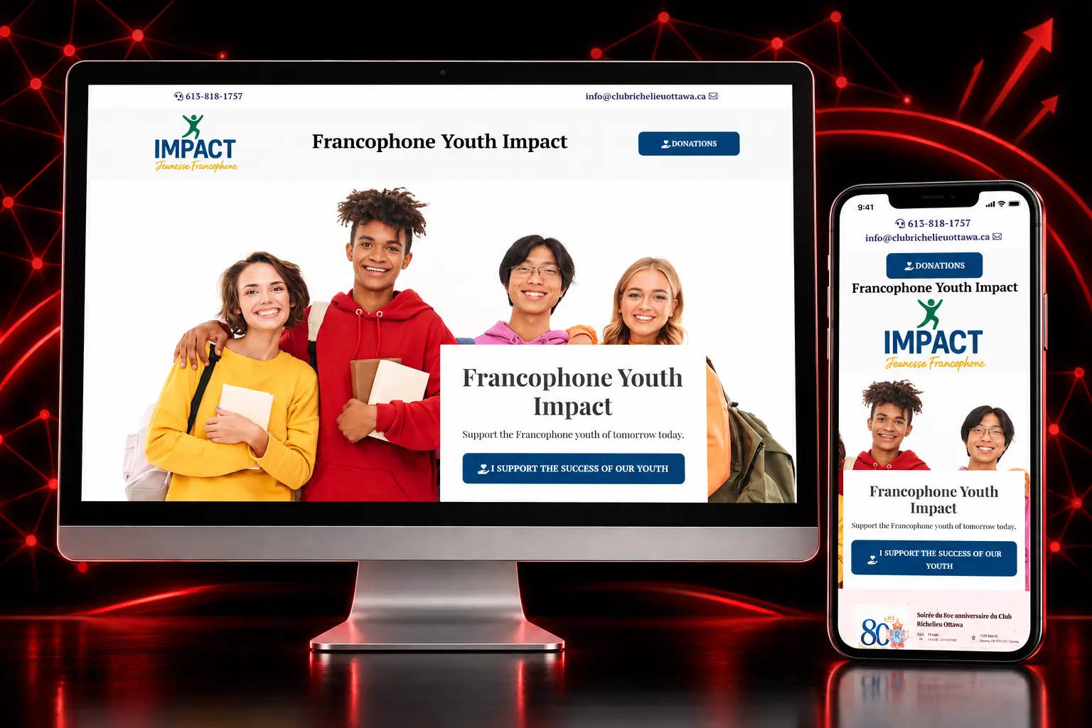 Impact Franco-Jeunesse responsive nonprofit website supporting Francophone youth displayed on desktop and mobile devices