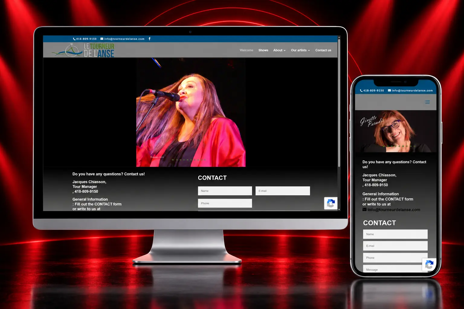 Le Tourneur de l’Anse responsive performing arts website featuring musicians, artists and live shows displayed on desktop and mobile devices