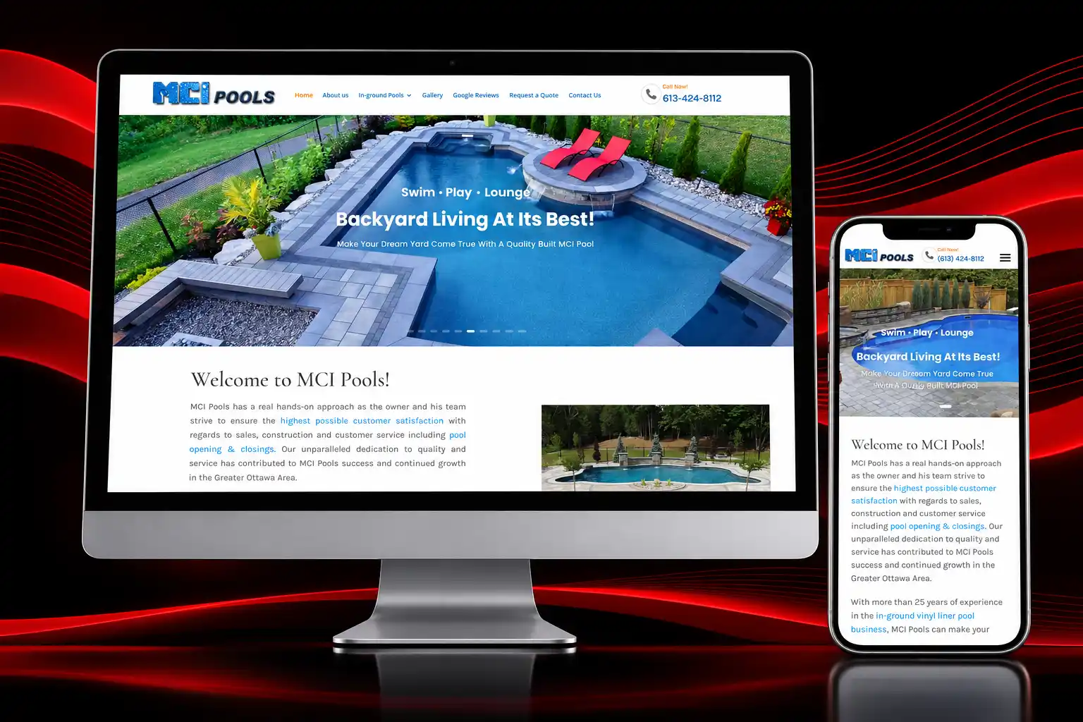 MCI Pools Ottawa Responsive Website Design MCI Pools responsive website featuring swimming pool installation and services in Ottawa displayed on desktop and mobile devices
