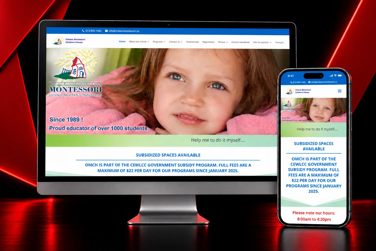 Orleans Montessori Children’s House Website Design Orleans Montessori Children’s House responsive website featuring childcare and educational programs displayed on desktop and mobile devices