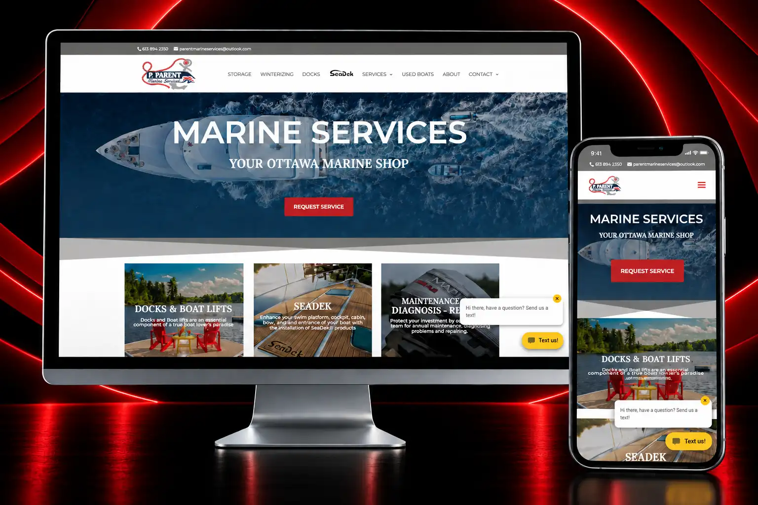 P. Parent Marine Services Ottawa Website Design P. Parent Marine Services responsive website featuring boat storage, docks and marine services in Ottawa displayed on desktop and mobile devices