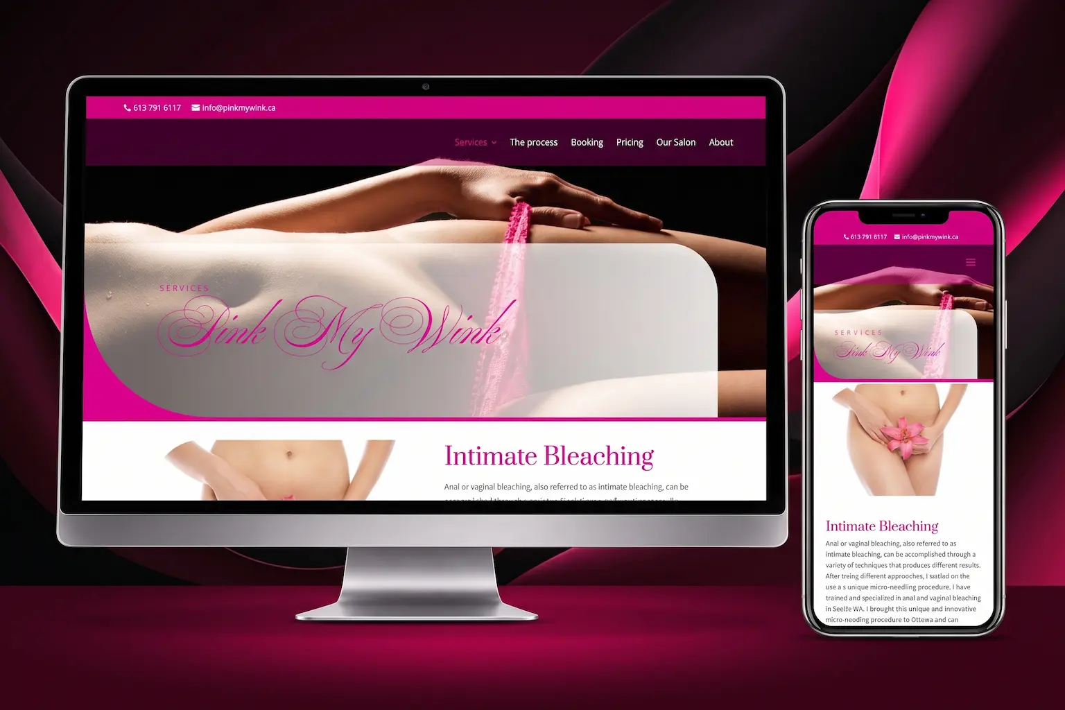 Pink My Wink responsive beauty salon website featuring intimate skincare and beauty services in Ottawa displayed on desktop and mobile devices