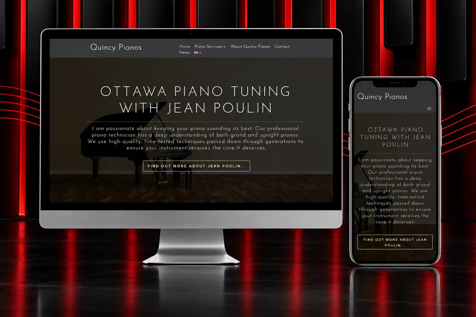 Quincy Pianos responsive website featuring professional piano tuning services in Ottawa displayed on desktop and mobile devices