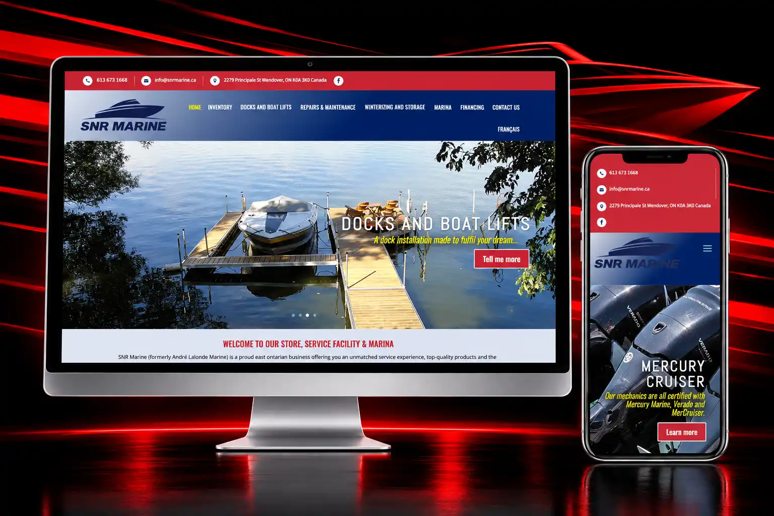 SNR Marine Responsive Website Design SNR Marine responsive website featuring docks, boat lifts, repairs and marine services displayed on desktop and mobile devices
