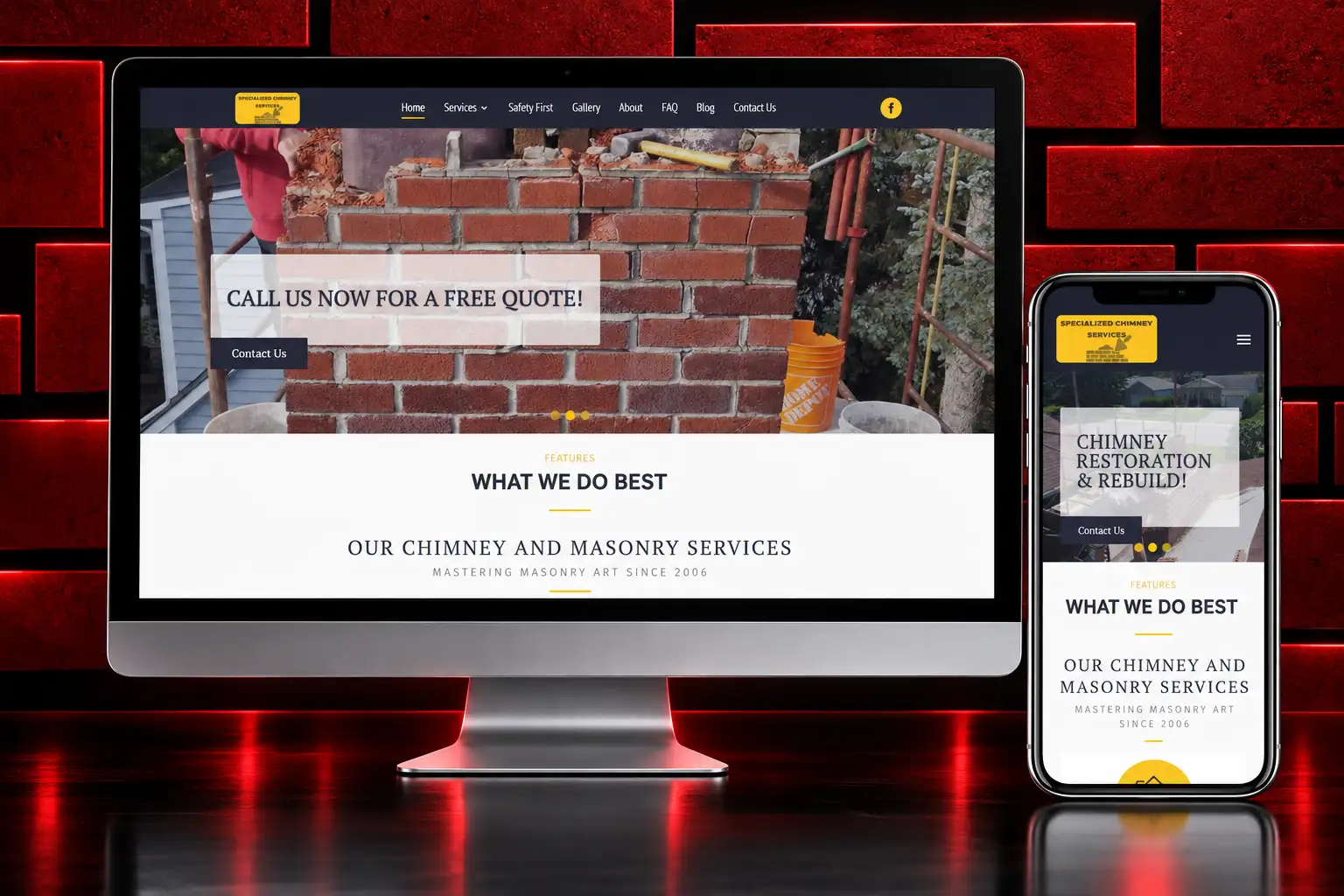 Specialized Chimney Services Responsive Website Design Specialized Chimney Services responsive website featuring chimney restoration and masonry services displayed on desktop and mobile devices