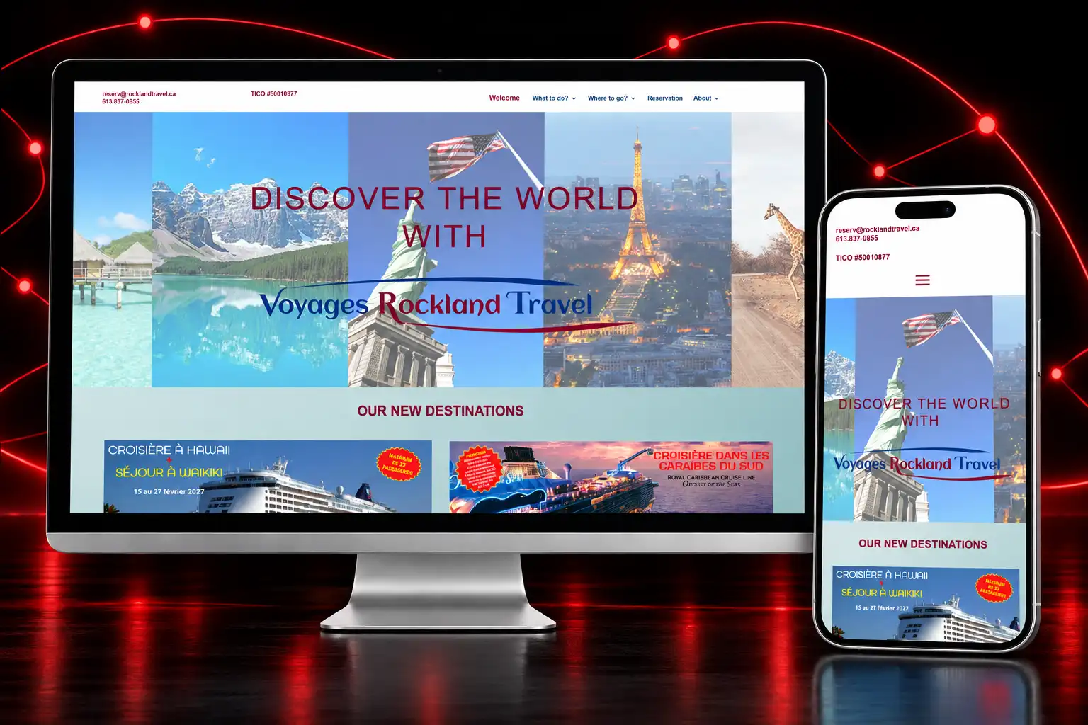 Voyages Rockland responsive travel agency website featuring vacation destinations and cruise packages displayed on desktop and mobile devices