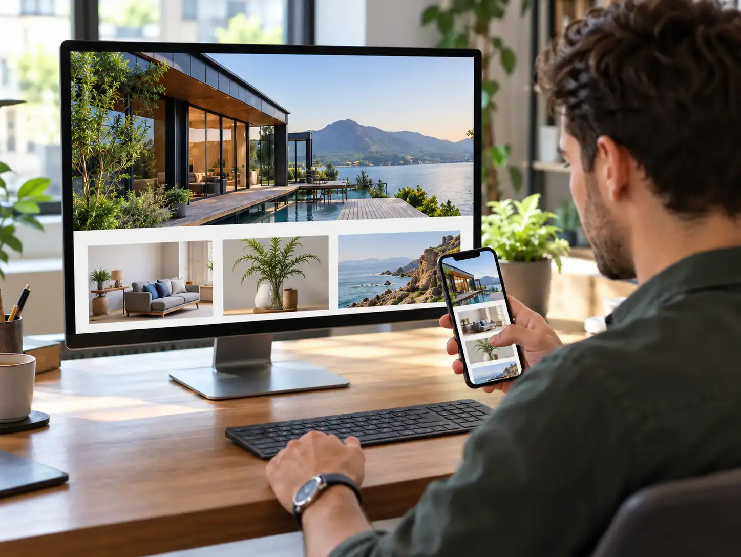 Man comparing a website layout on a desktop monitor and smartphone