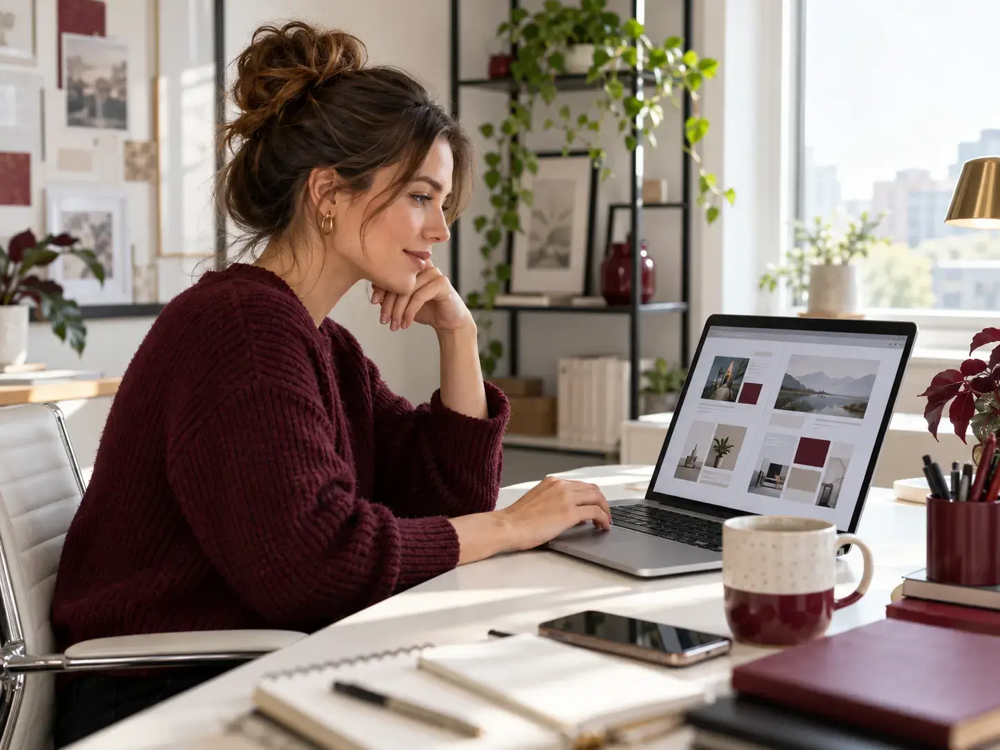 Woman reviewing website layout options on a laptop in a bright home office