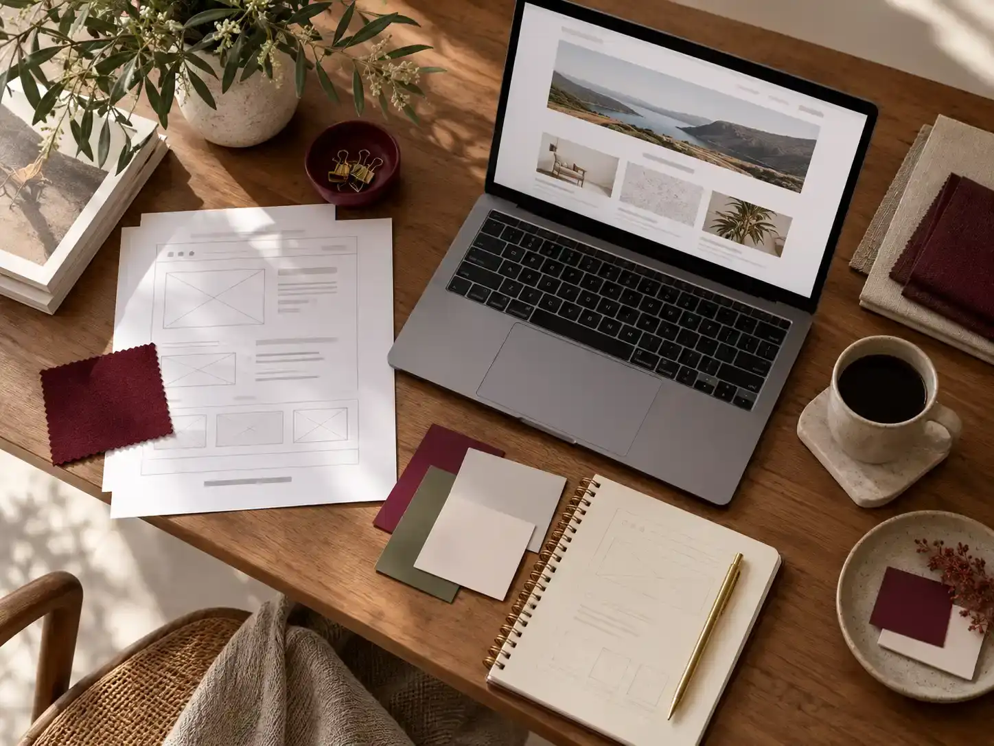 Printed website wireframes, colour swatches, and a laptop on a wooden desk